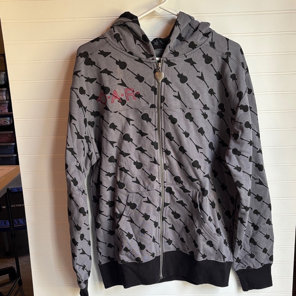 Gray Guitar Print Zip Hoodie with Subtle Red Accent